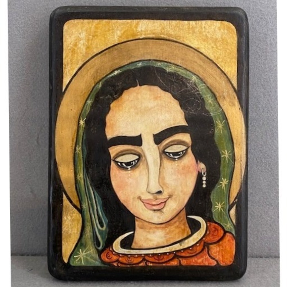 Original Virginia Maria Romero Pigmented Wood Panel Our Lady Of‎ Sorrows